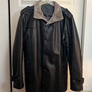 Men's Black Faux Leather Jacket with Faux Fur Collar